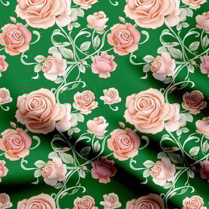 Bright green peach rose floral Print Fabric-Cotton