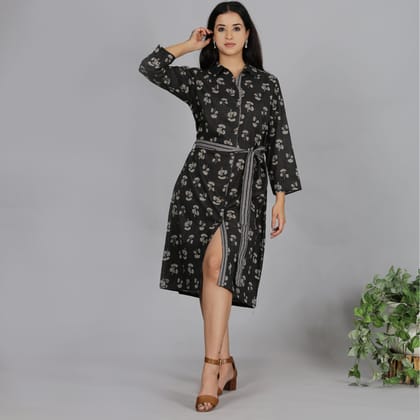 Grey printed cotton shirt dress with a belt-XS