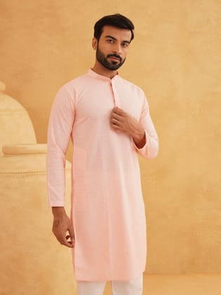 Men's Cotton Embroidered Thread Work Peach Long Kurta-36
