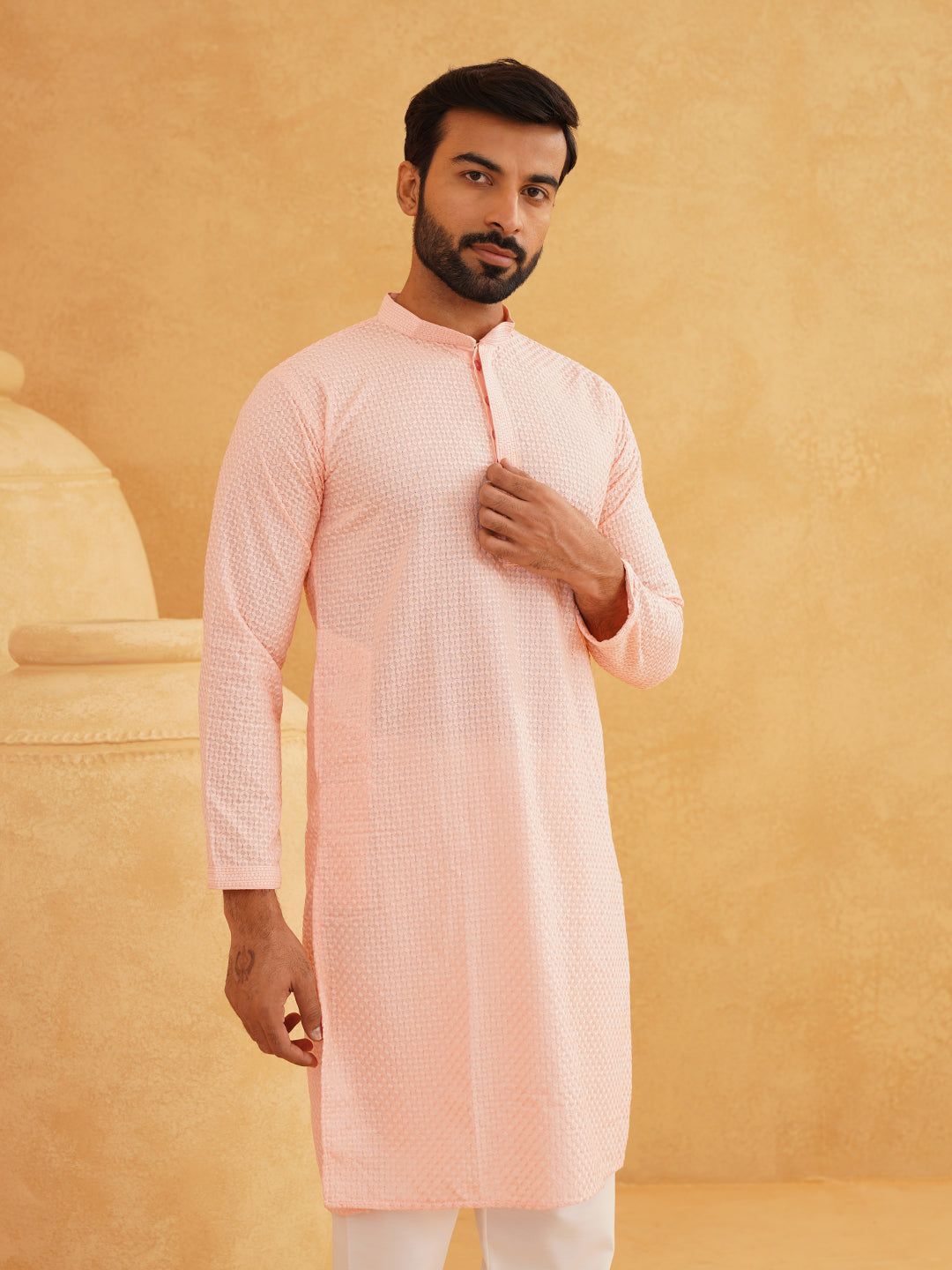 Men's Cotton Embroidered Thread Work Peach Long Kurta-36