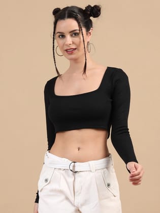 Women Ribbed Fitted Crop Top, Full Sleeve, Cotton Lycra, Black-XS / Black