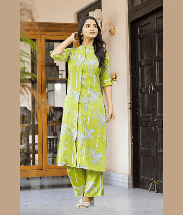 YAGNIK FASHION Women Rayon Self Design A-line Kurti With Pants ( Lime Green )