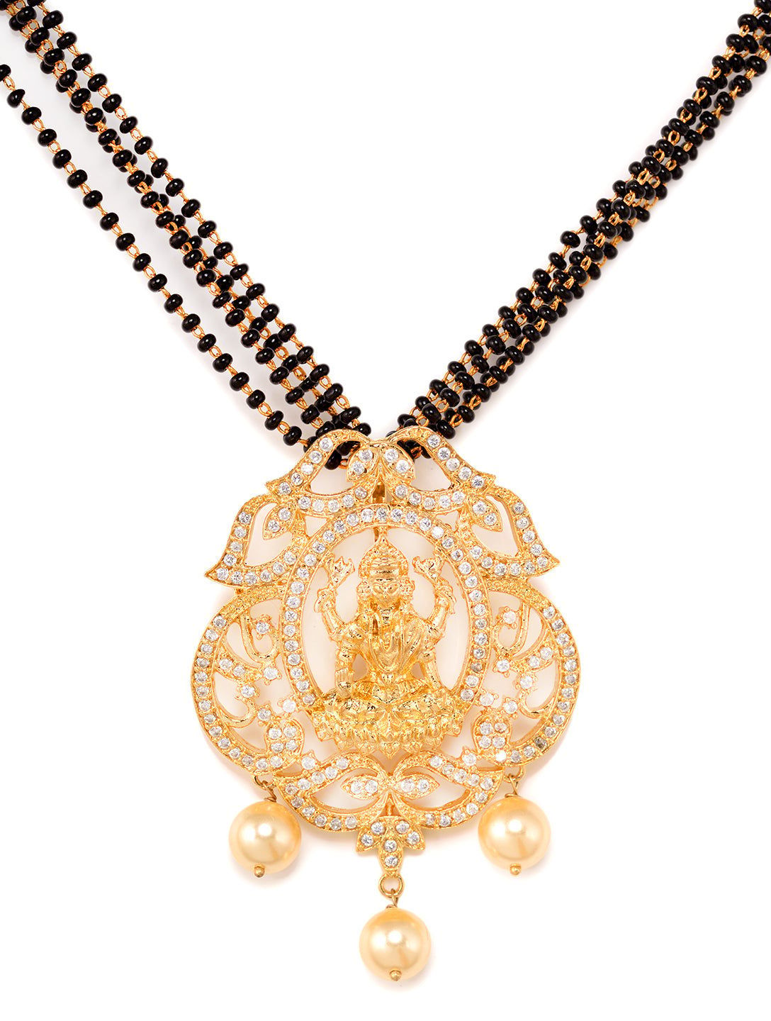 Gold Plated AD Studded Antique Temple Pendant Black Beads mala and Earrings Set