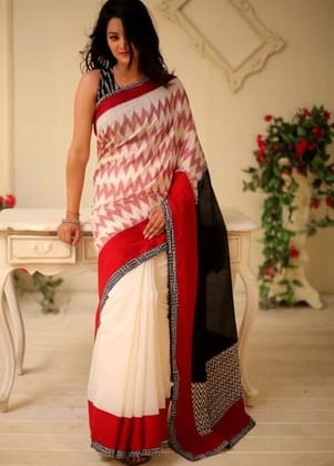 RED AND WHITE COLOR DESIGNER LINEN DIGITAL PRINTED SAREE  1596