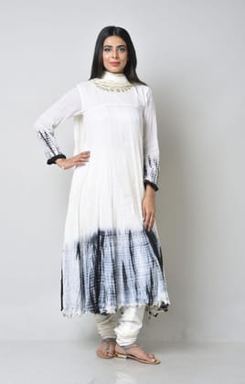 White Black Tie Dye Crinkled Kurta Set-S