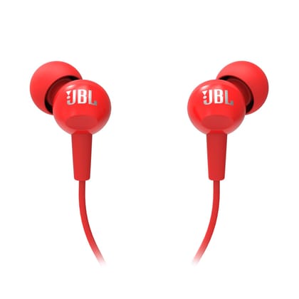 JBL C100SI Wired In Ear Headphones with Mic, JBL Pure Bass Sound, One Button Multi-function Remote, Premium Metallic Finish, Angled Buds for Comfort fit (Red) JBL C100SI Wired In Ear Headphones with Mic, JBL Pure Bass Sound, One Button Multi-function Rem