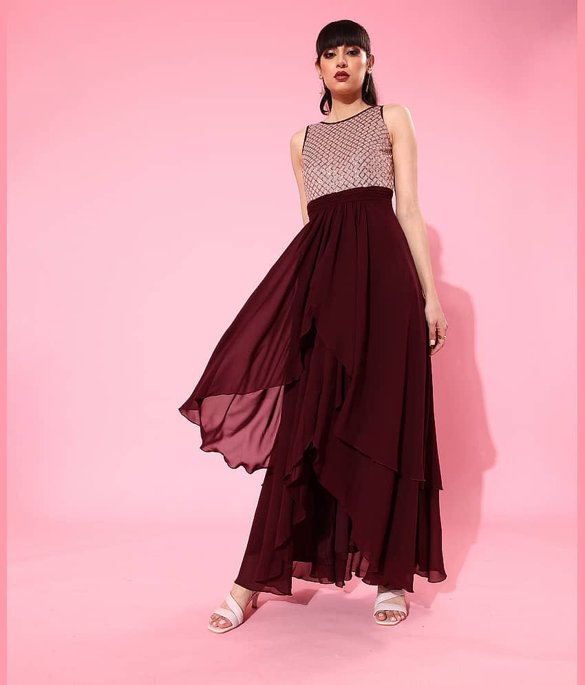 Miss Chase Women Georgette Embellished Asymmetric Dress ( Maroon )