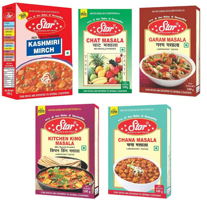 Star Spices Kitchen King, Garam, Chat, Chana and Kashmiri Mirch Masala, 100 gm - Pack of 5