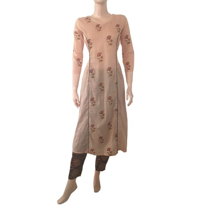 Jaipur Printed Mul Cotton Y neck Straightcut Kurta with Piping Details, Beige, KP1059-M