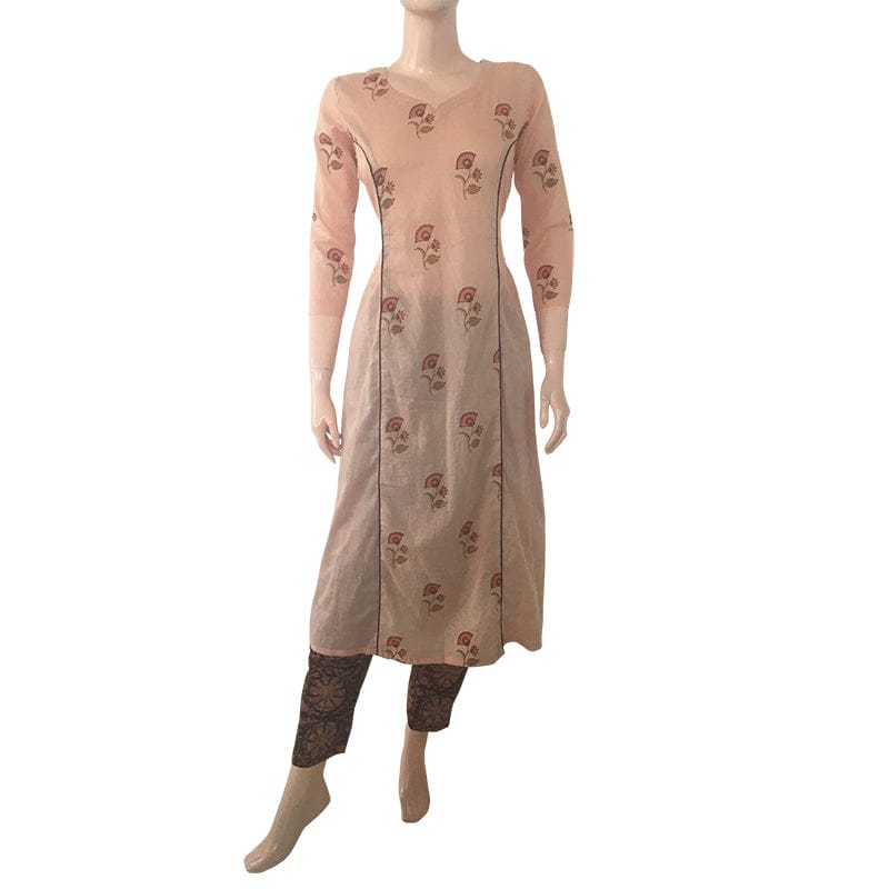 Jaipur Printed Mul Cotton Y neck Straightcut Kurta with Piping Details, Beige, KP1059-M