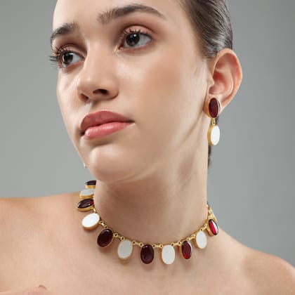 Sakura Necklace Set With Semi-Precious Stones-STONES ALLOY / RED WHITE