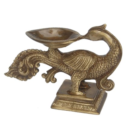 Brass Peacock Diya Jyoti Deepak Oil Lamp 1 Wicks  - Handmade Brass Deepak for Home Puja, Height : 5 Inch (BSMAS1180 A)