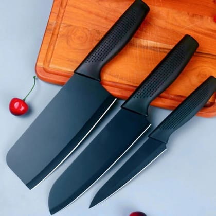 3 Pcs Kitchen Knife Set with Blade Covers  Non Stick Black Chef Knife, Cleaver & Utility Knife