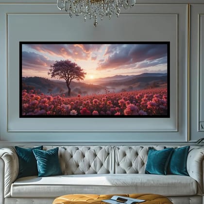 Luminary Petal Dawn – Awakening Fields Muse Museum-Quality Cotton Canvas Art for Elegant Drawing Room Décor | Frame Size (127 X 69 Cm) | Frame Type (Black) | 5-Year Warranty