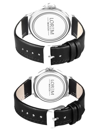 LOREM Couple Watches, Dial with Silver Case, Black Leather Strap, Quartz Movement