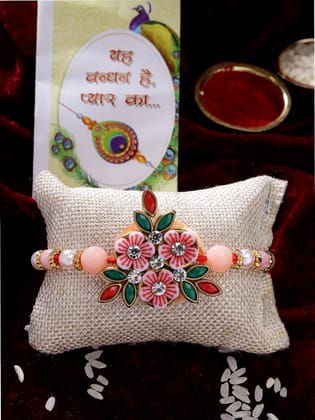NVR Men Pink Floral Shape Stone-Studdded & Beaded Rakhi With Roli Chawal & Chocolate-Freesize / Pink / Plastic