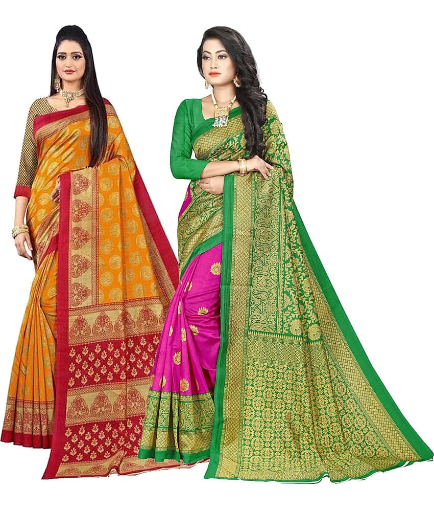 Kanooda Prints Art Silk Printed Saree With Unstitched Blouse Piece ( Pink )