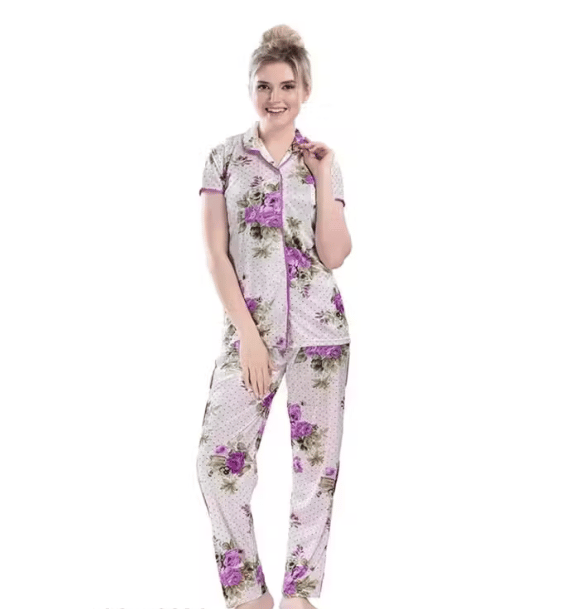 Stylish tiger print satin night suit(Grey)