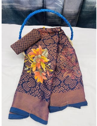 Women's Viscose Rayon Printed Saree with Unstitched Blouse (Navy Blue)