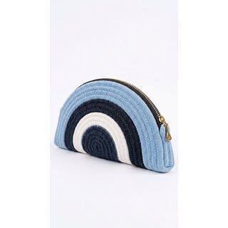 Women Woven Clutch Bag Half Moon Shape Blue White Striped Evil Eye Design Zip Closure Gold Tone Hardware Stylish Handbag