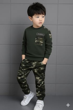 BOYS ARMY PRINTED GREEN T-SHIRT AND TRACK PANT SET