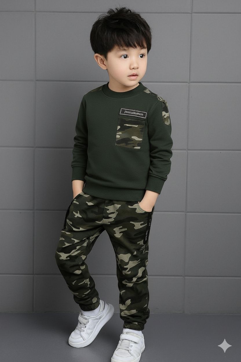 BOYS ARMY PRINTED GREEN T-SHIRT AND TRACK PANT SET