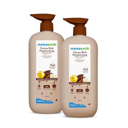 Mamaearth Cocoa Rich Moisturizing Body Lotion with Cocoa Butter & VitaminE for Deep 48H Moisturization | For Very Dry Skin | 7 in 1 Total Care Benefits | 100% Natural Butter | Non-Greasy Smooth Skin | 400 ml (Pack of 2) Mamaearth Cocoa Rich Moisturizing 
