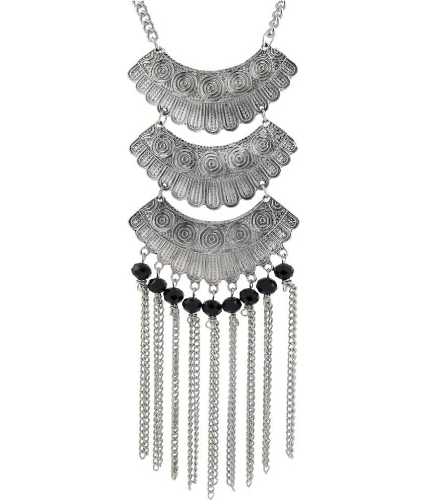 The Jewelbox Oxidised Tribal Matte Rhodium Plated Beads Silver Choker Necklace For Women