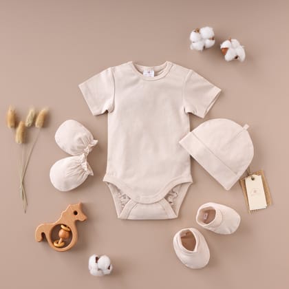 Poshaak Baby Bodysuit Set-Bleach sand / 3-6 months with Cap Mittens and Booties