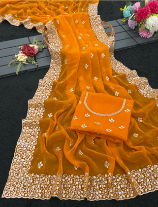 Women Embroidered Party Wear Shimmer Saree With Blouse