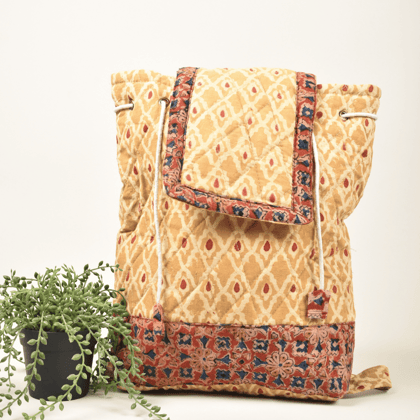 Quilted Yellow Kalamkari Backpack Bag