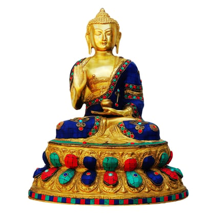 Brass Buddha Statue with Turquoise Stone Finish - Premium Handcrafted Idol, Height : 16 Inch (BSMAS283)