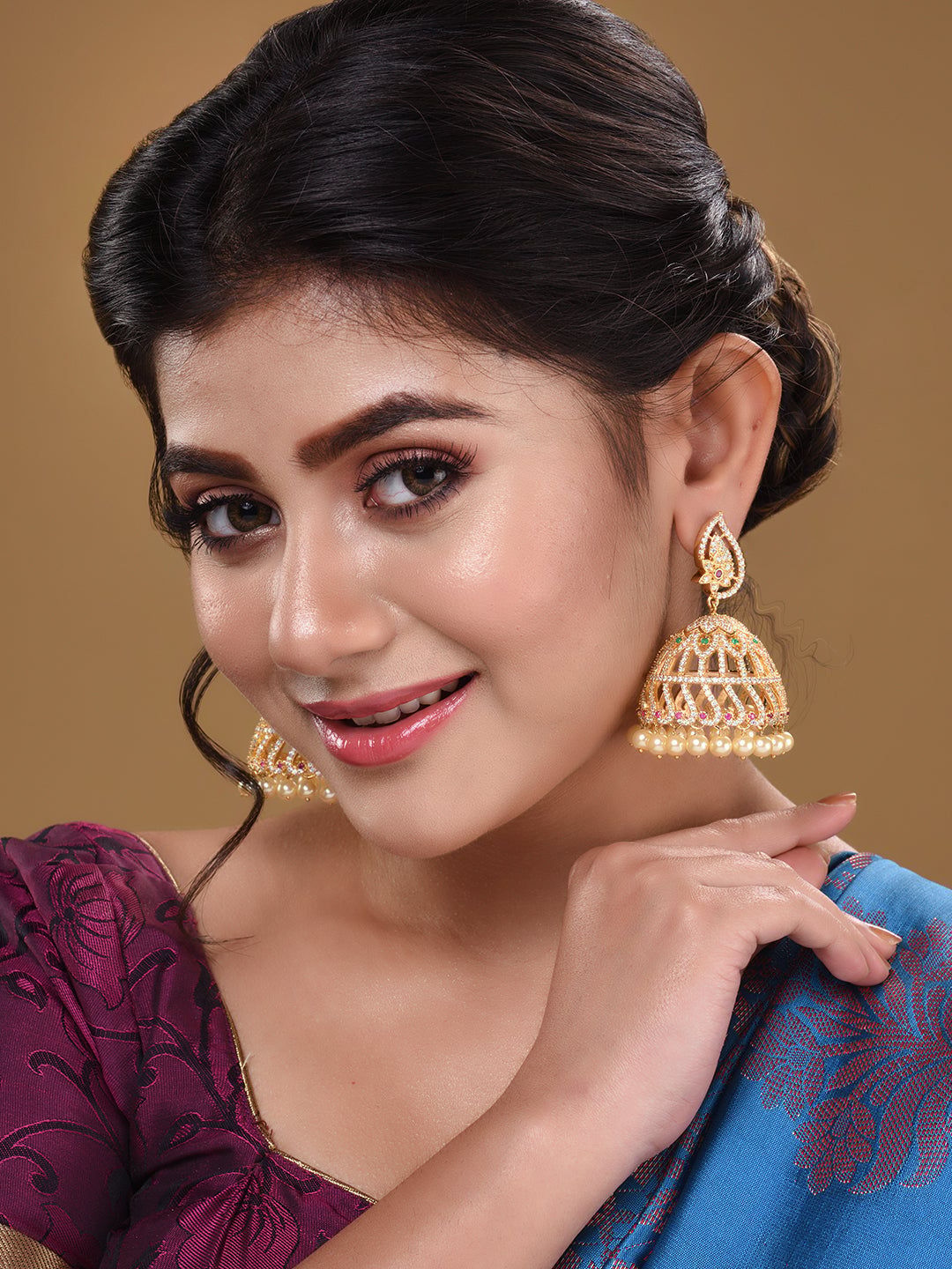 Gold Plated White AD studded handcrafted Dome shaped Jhumkas