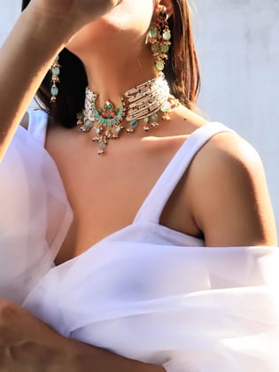 Izhaar Turquoise Kundan Choker Necklace Set-Multicolored