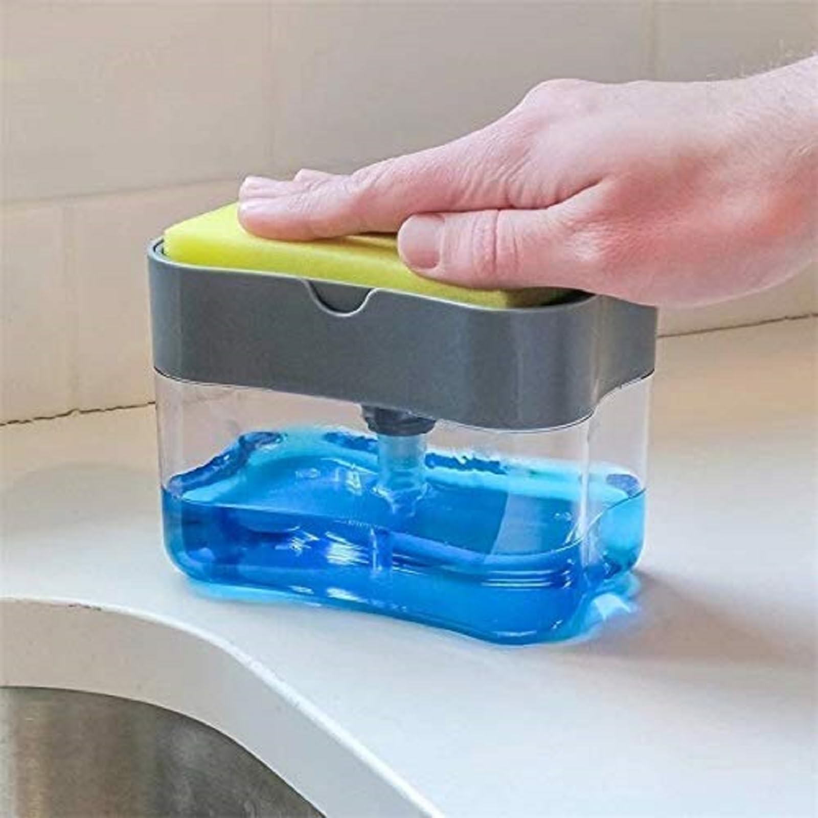 Stylish Modern Blue Kitchen Soap Dispenser with Convenient Sponge Holder - Perfect for Organizing Your Kitchen and Enhancing Decor