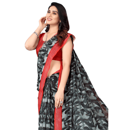 TheHangr Women's Linen Printed Black & Grey Saree With Red Border
