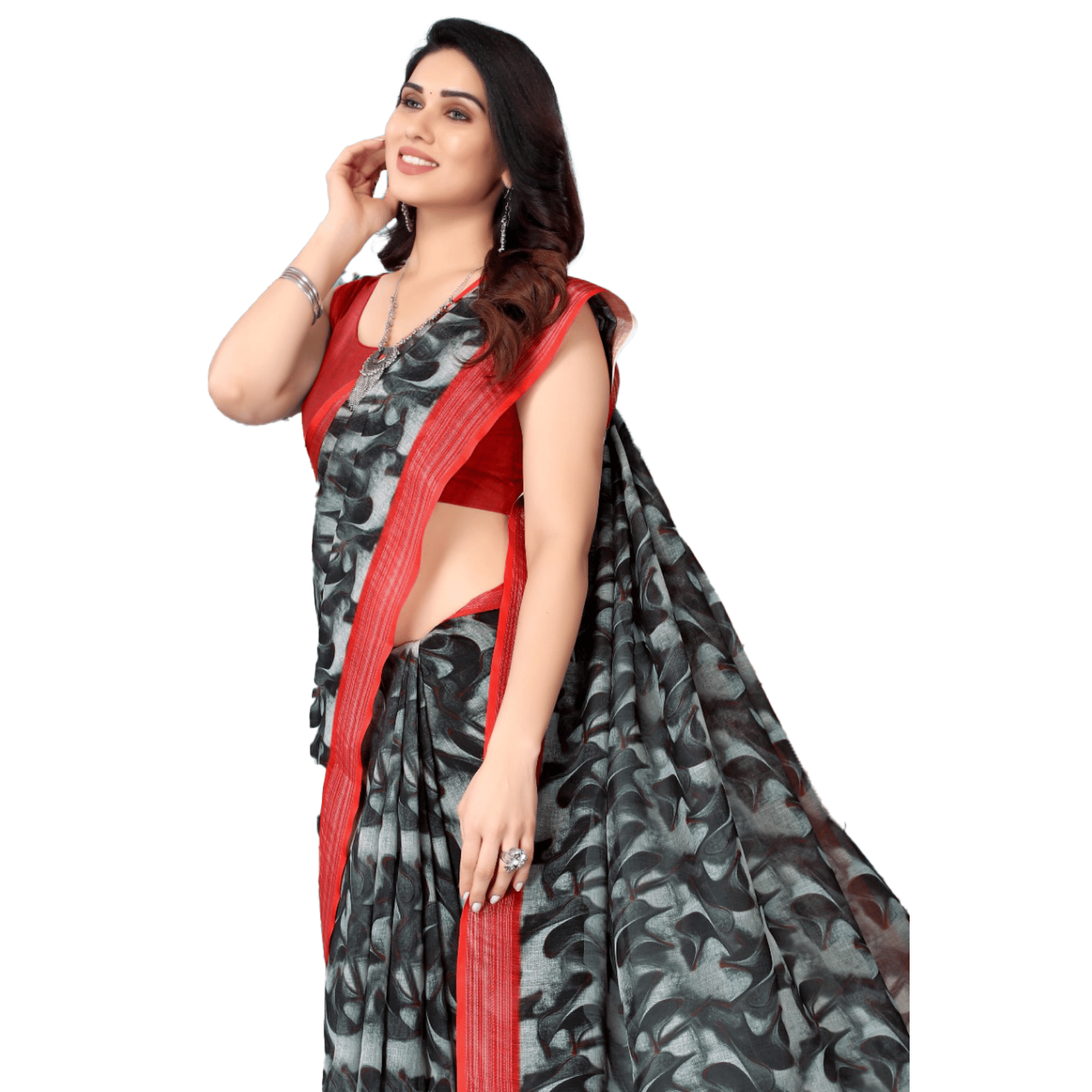 TheHangr Women's Linen Printed Black & Grey Saree With Red Border