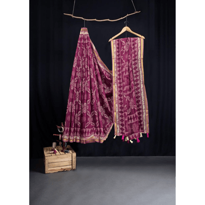 TheHangr Women's Wine Jaipuri Cotton Saree With Blouse Piece