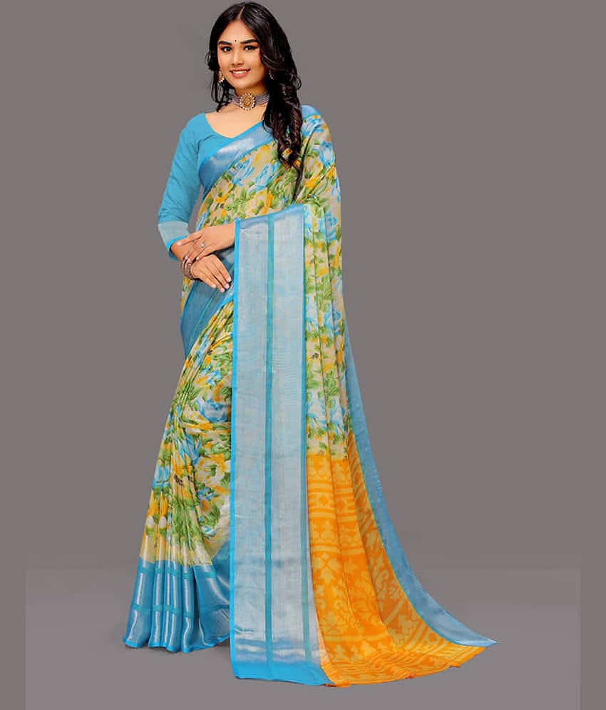 Sitanjali Lifestyle Chiffon Printed Saree With Unstitched Blouse Piece ( SkyBlue )