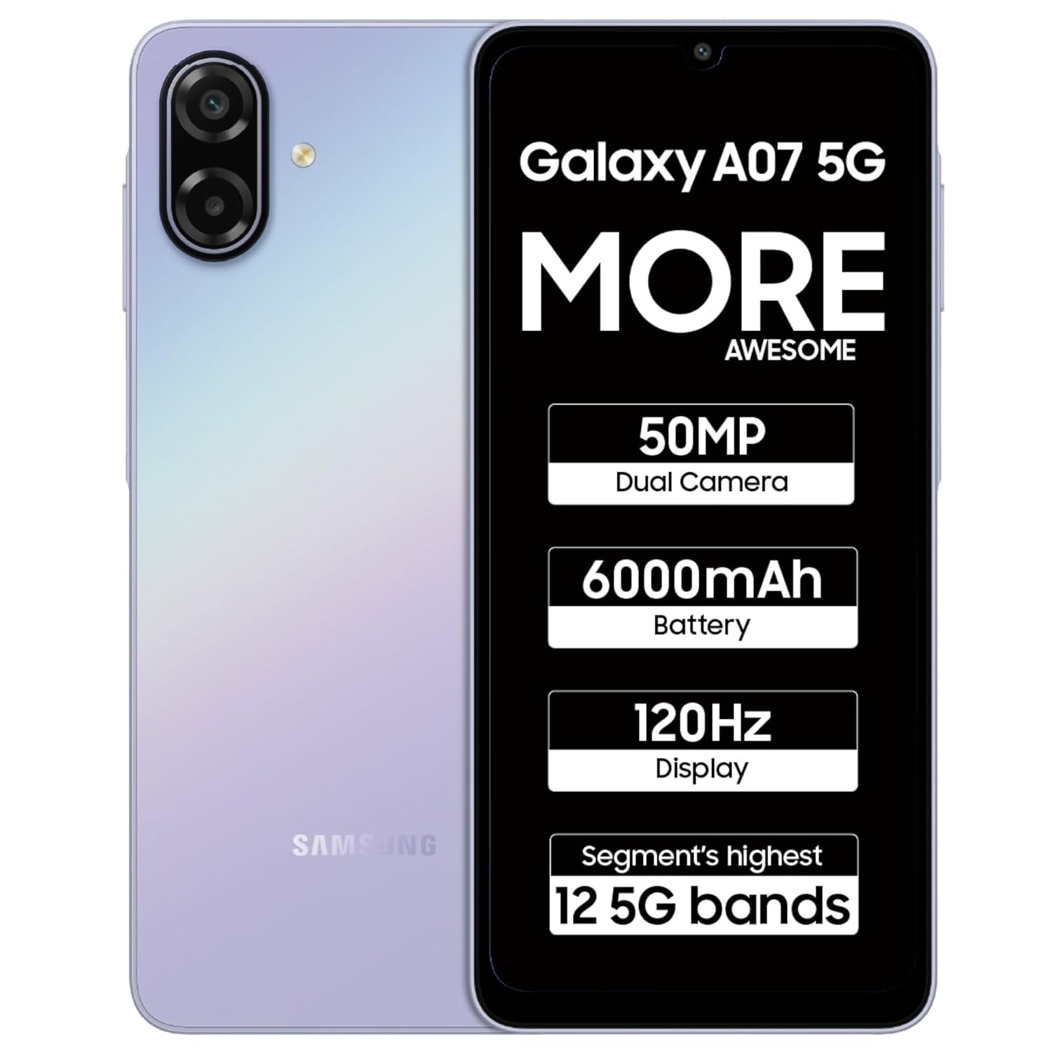 Samsung Galaxy A07 5G Smartphone (Light Violet, 4GB RAM, 128GB Storage) | 120Hz Refresh Rate | Massive 6000mAh Battery | 50MP True Dual Camera | 6 Gen OS Upgrades | Knox Vault