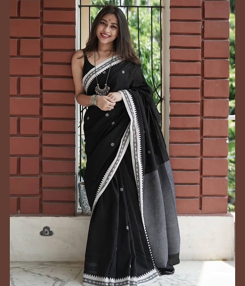 Samah Cotton Silk Self Design Saree With Unstitched Blouse Piece ( Black )