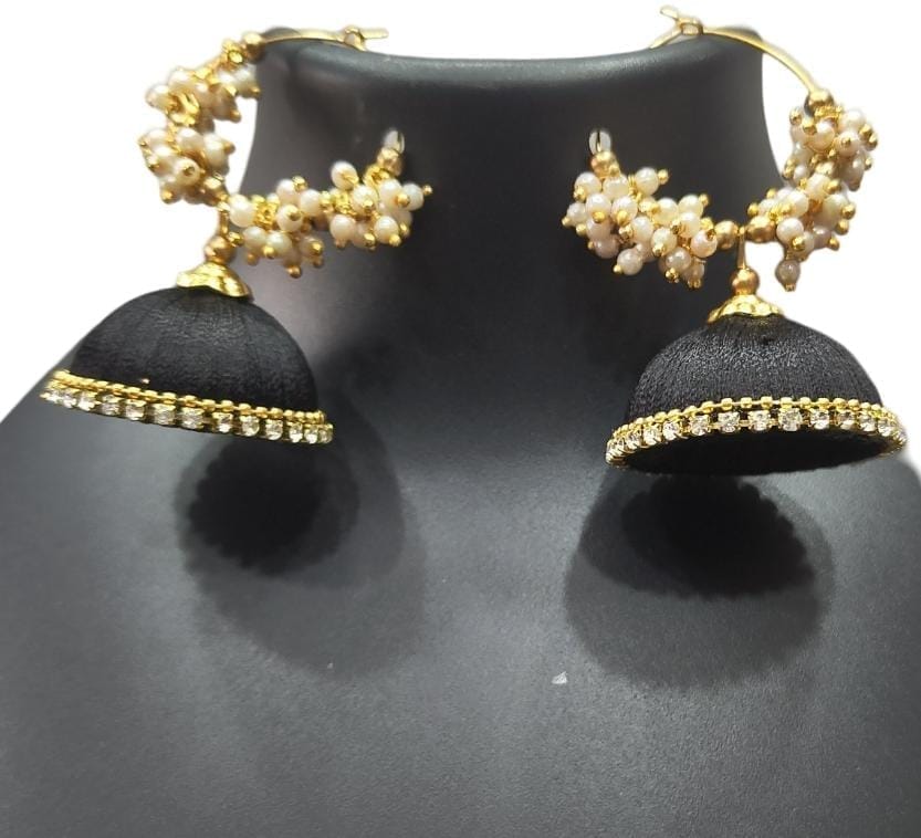 Black Silk Thread Jhumka Earrings with Pearl and Stone Detailing