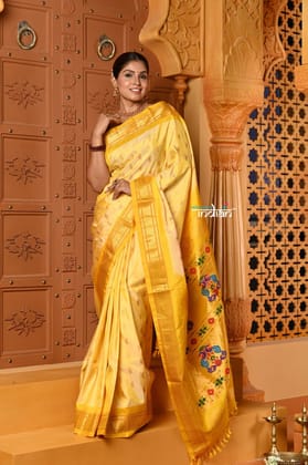 Shubh ~ Handloom Pure Silk Maharani Paithani with Majestic Maharani Pallu in Salient Yellow Shubh ~ Handloom Pure Silk Maharani Paithani with Majestic Maharani Pallu in Salient Yellow