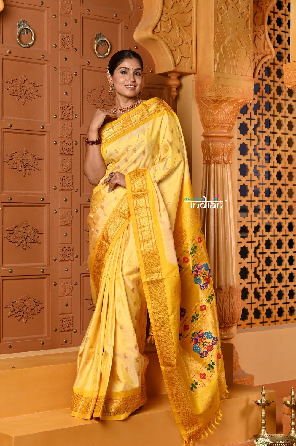 Shubh ~ Handloom Pure Silk Maharani Paithani with Majestic Maharani Pallu in Salient Yellow