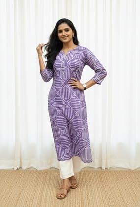 Rivaaj Ethnic Jyothi Straight Kurta (Size L) | Purple Cotton Handblock Print | Traditional Indian Wear | Round Neck 3/4 Sleeves