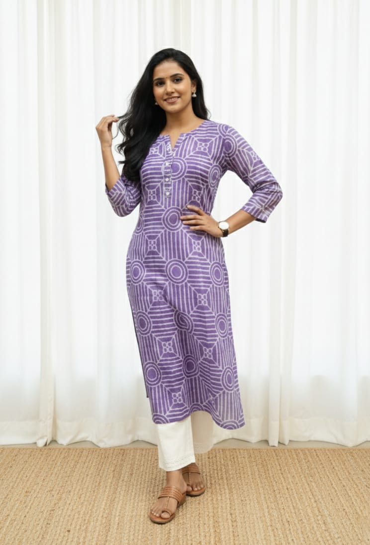 Rivaaj Ethnic Jyothi Cotton Straight Kurta (M) | Purple Handblock Print | Round Neck | 3/4th Sleeves | Women's Ethnic Wear