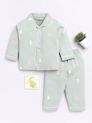 Green Numbers Print Full Sleeve Night Suit-3-4 y
