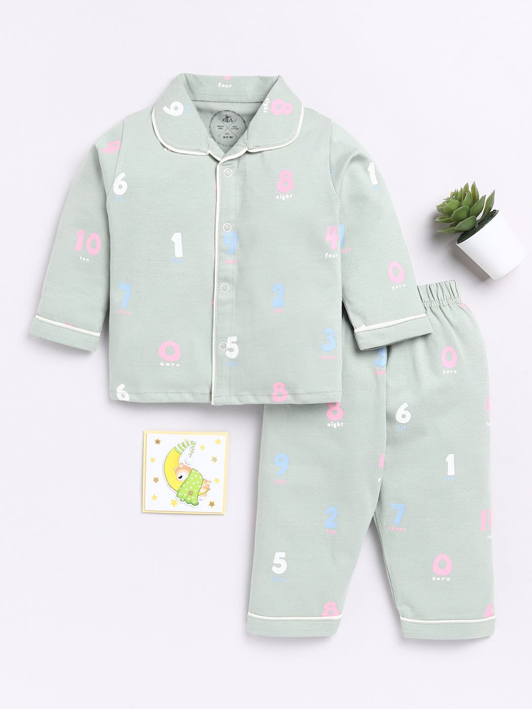 Green Numbers Print Full Sleeve Night Suit-6-9 m