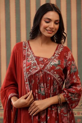 Nayab Noor Maroon Muslin Kurta Set with Dupatta-L / Maroon / Maroon