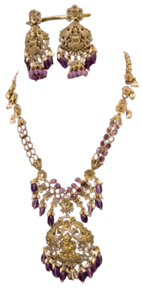 Gold Lakshmi Devi Pendant Necklace Set with Earrings